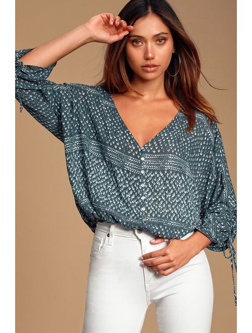 Lulus Carrissa Blue Print Long Sleeve Button Front Top