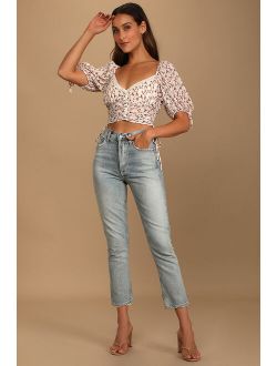 Pretty Pick Beige Floral Print Ruched Drawstring Crop Top