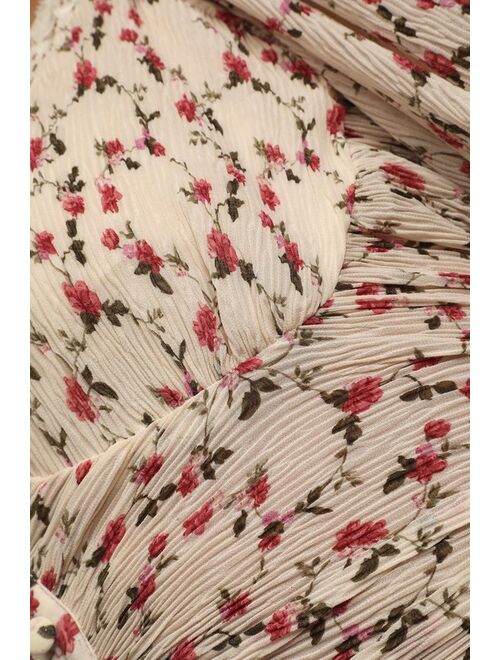 Lulus Pretty Pick Beige Floral Print Ruched Drawstring Crop Top
