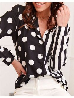 Imcute Fashion Women Shirts New Spring Autumn Loose Polka Dot Striped Print Patchwork Long Sleeve V-neck Button Down Blouses