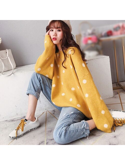 Korean Sweet Women Knitting Sweater Polka Dot O-Neck Yellow Pullover Warm Autumn Long Sleeve Kawaii Jumper Loose Streetwear