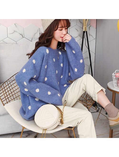 Korean Sweet Women Knitting Sweater Polka Dot O-Neck Yellow Pullover Warm Autumn Long Sleeve Kawaii Jumper Loose Streetwear