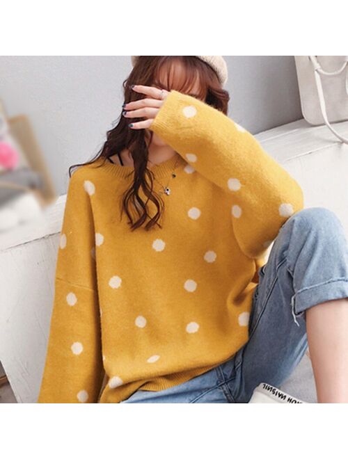 Korean Sweet Women Knitting Sweater Polka Dot O-Neck Yellow Pullover Warm Autumn Long Sleeve Kawaii Jumper Loose Streetwear