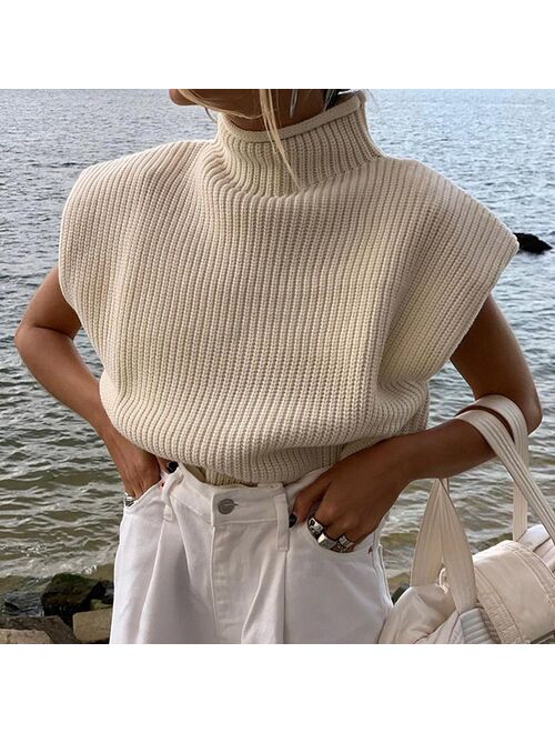 Winter Sweater Za Shoulder Pad Yellow Knitted Pullover Sweaters Women Casual Sleeveless Women Tops Turtleneck Knitwear Tops