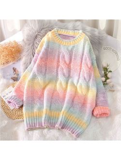 Spring Autumn Sweater Women 2021 Rainbow Sweaters Tie Dye Pullover O-Neck Long Loose Striped Jumpers Color Oversized Female
