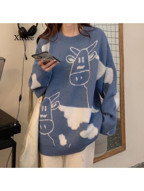 Harajuku Animal Women Sweaters Vintage O Neck Long Sleeve Female Pullovers 2020 Autumn New Chic Streetwear Sueter Mujer