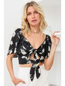 Tied for First Black Floral Print Tie-Front Crop Top
