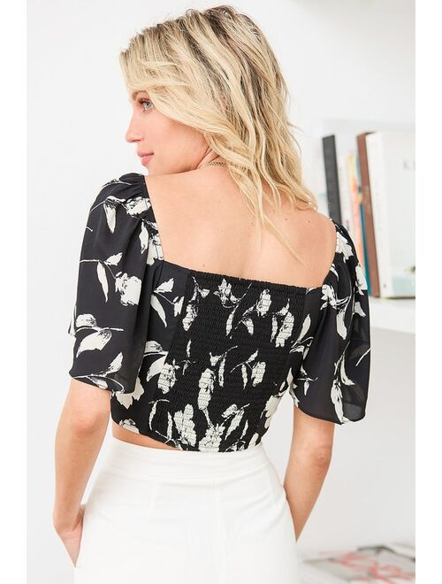 Lulus Tied for First Black Floral Print Tie-Front Crop Top
