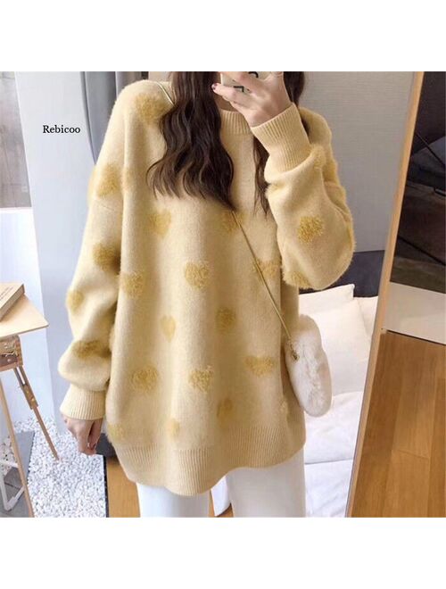 Sweater Women's Loose Jacket Fall Winter Love Pullover Long Sleeve Lazy Style Net Red Fashion Retro Knit Top 2021 New Hot Sale