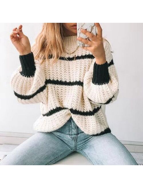 Muyogrt Elegant Striped Print Oversized Pullovers Women Autumn Winter O-Neck Loose Long Sweaters Streetwear Warm Outerwear 2021