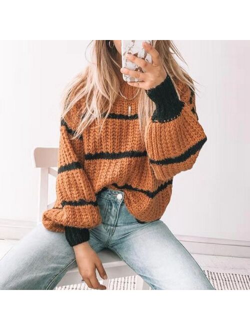 Muyogrt Elegant Striped Print Oversized Pullovers Women Autumn Winter O-Neck Loose Long Sweaters Streetwear Warm Outerwear 2021