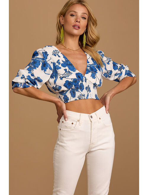 Lulus Into the Sunshine Ivory Floral Print Tie-Back Smocked Crop Top