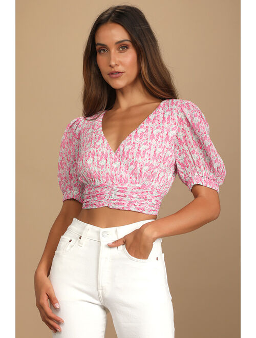 Lulus Picked for You Pink Floral Print Pleated Tie-Back Crop Top