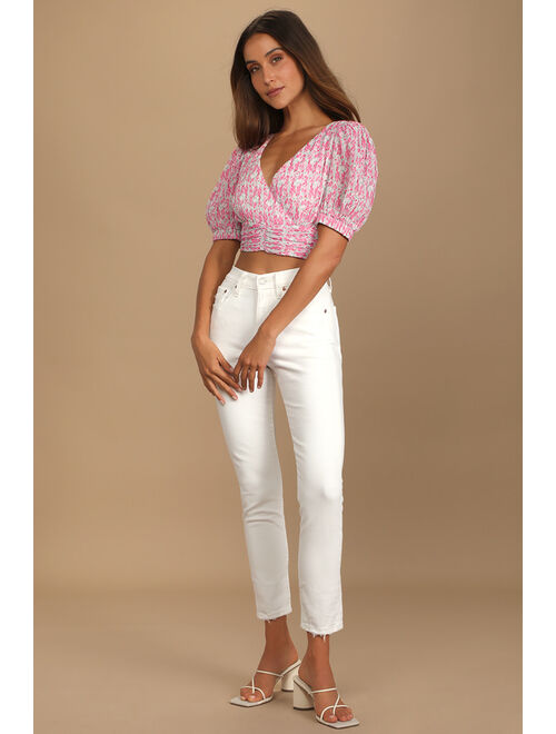 Lulus Picked for You Pink Floral Print Pleated Tie-Back Crop Top