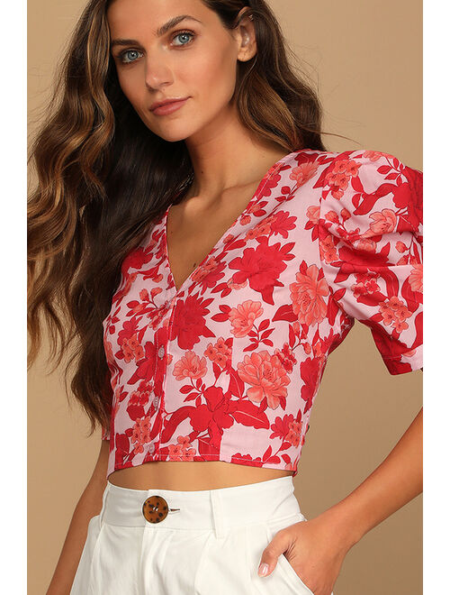 Lulus Vacay Dreams Blush Pink Floral Print Button-Up Crop Top