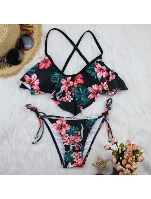 Women Brazilian Floral Bandage Bikini Set Push-Up Swimsuit Print Boho Bikini Ruffle Swimwear Beachwear Women's swimsuits 2021 #H