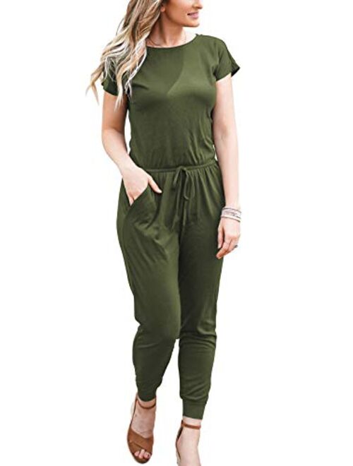 DouBCQ Womens Casual Short Sleeve Jumpsuits Elastic Waist Jumpsuit with Pockets