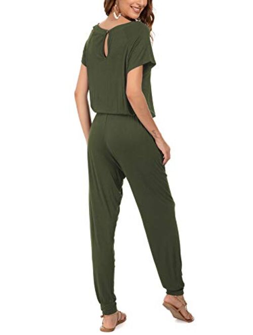 DouBCQ Womens Casual Short Sleeve Jumpsuits Elastic Waist Jumpsuit with Pockets