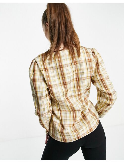 Ghospell square neck blouse in beige check set