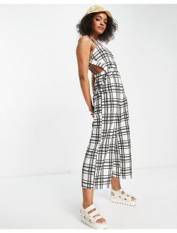 wide leg textured overalls in check print