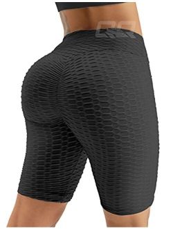 QOQ Women Butt Lift Workout Shorts Textured High Waist Scrunch Booty Yoga Shorts Honeycomb Tummy Control Biker Shorts