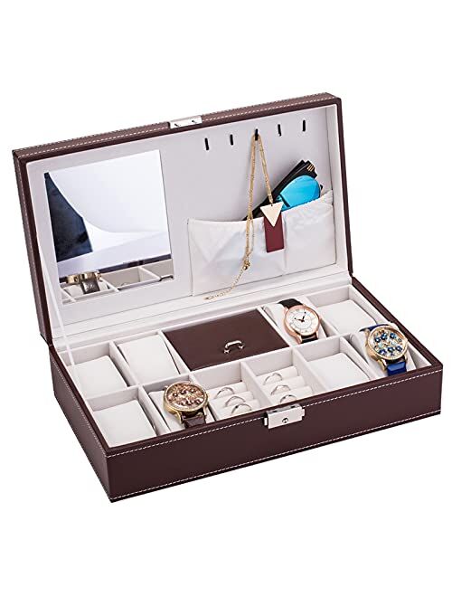 Mushugu gt3-DL Jewelry Box 8 Slots Watch Organizer Storage Case with Lock and Mirror for Men Women Brown