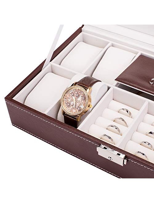 Mushugu gt3-DL Jewelry Box 8 Slots Watch Organizer Storage Case with Lock and Mirror for Men Women Brown