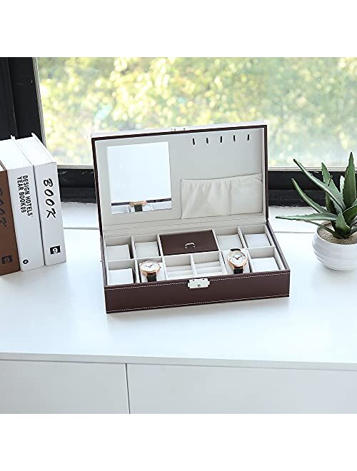 Mushugu gt3-DL Jewelry Box 8 Slots Watch Organizer Storage Case with Lock and Mirror for Men Women Brown
