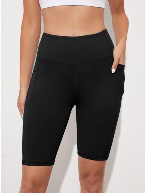 Shein High Stretch Wide Band Waist Sports Shorts With Phone Pocket