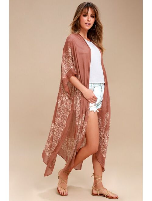 Lulus Exotic Sol Tan and Terra Cotta Print Kimono