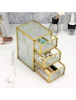 Hipiwe Glass Jewelry Trinket Box with 3 Drawers - Dresser Top Vanity Organizer Holder Gold Jewelry Display Storage Box Home Decorative Glass Box Keepsake Box, Large