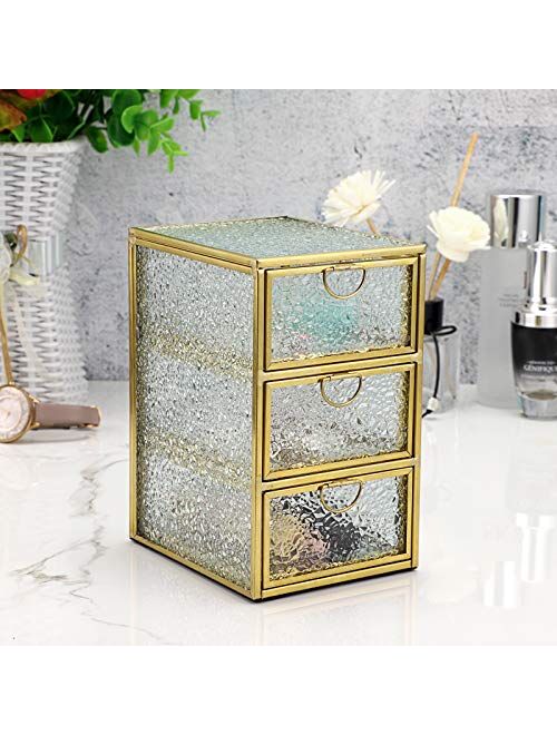 Hipiwe Glass Jewelry Trinket Box with 3 Drawers - Dresser Top Vanity Organizer Holder Gold Jewelry Display Storage Box Home Decorative Glass Box Keepsake Box, Large