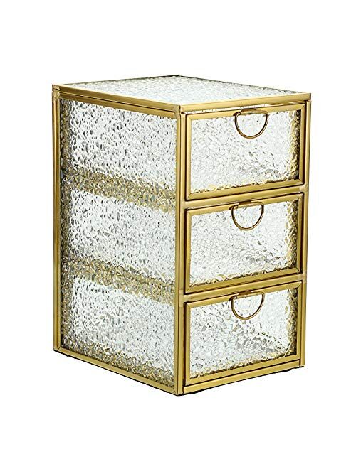 Hipiwe Glass Jewelry Trinket Box with 3 Drawers - Dresser Top Vanity Organizer Holder Gold Jewelry Display Storage Box Home Decorative Glass Box Keepsake Box, Large