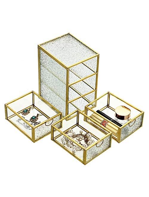 Hipiwe Glass Jewelry Trinket Box with 3 Drawers - Dresser Top Vanity Organizer Holder Gold Jewelry Display Storage Box Home Decorative Glass Box Keepsake Box, Large