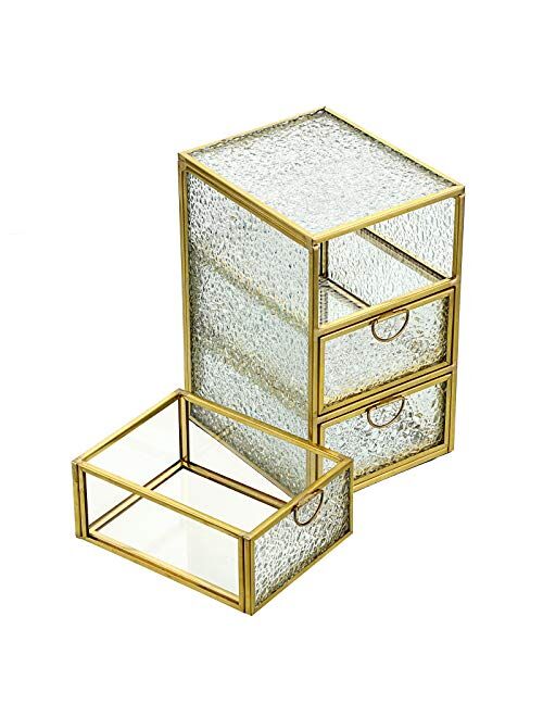 Hipiwe Glass Jewelry Trinket Box with 3 Drawers - Dresser Top Vanity Organizer Holder Gold Jewelry Display Storage Box Home Decorative Glass Box Keepsake Box, Large