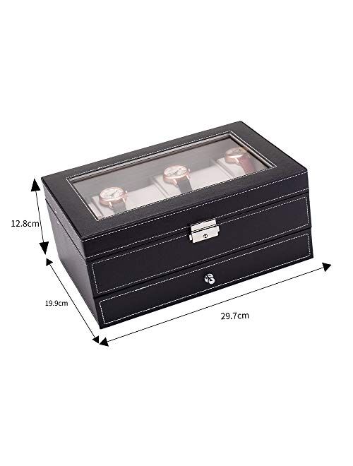 Mushugu gt3-DL 12 Slots Watch Box Mens Watch Organizer Lockable Jewelry Display Case with Real Glass Top Faux Leather Black