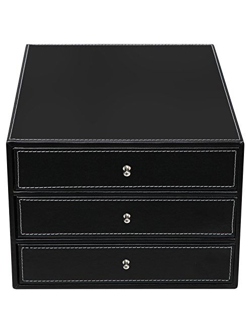 MyGift Executive Black Leatherette 3 Drawers File Cabinet/Office Supplies Desk Storage/Jewelry Organizer Box