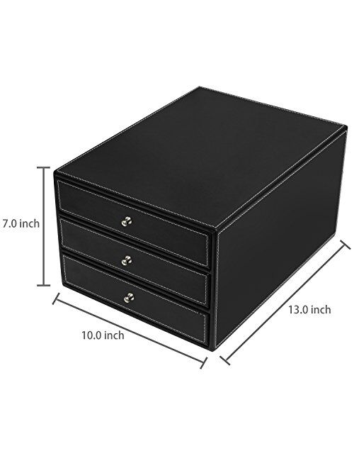 MyGift Executive Black Leatherette 3 Drawers File Cabinet/Office Supplies Desk Storage/Jewelry Organizer Box