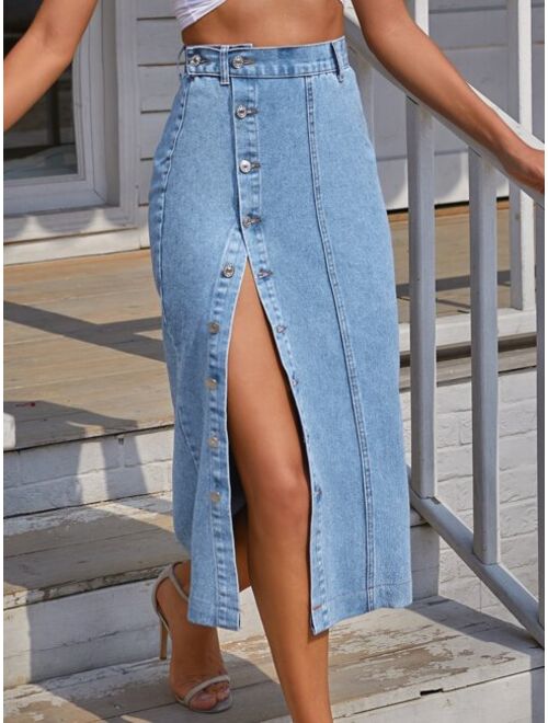 Shein Button Front Longline Denim Skirt
