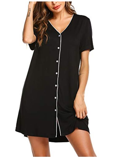 Ekouaer Sleepwear Women's Night Shirt Short Sleeve Casual Sleepshirt Button Down Nightgown S-XXL