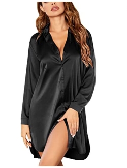 Women's Nightgown Button Down Sleepshirt Satin 3/4 Sleeve Nightshirt Boyfriend Notch Collar Sleepwear