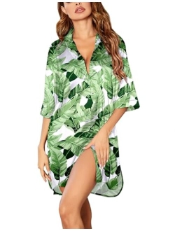 Women's Nightgown Button Down Sleepshirt Satin 3/4 Sleeve Nightshirt Boyfriend Notch Collar Sleepwear