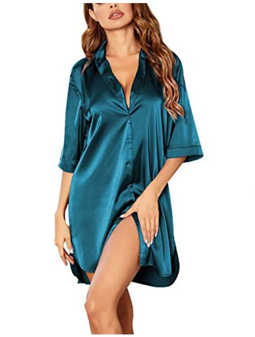Ekouaer Women's Nightgown Button Down Sleepshirt Satin 3/4 Sleeve Nightshirt Boyfriend Notch Collar Sleepwear