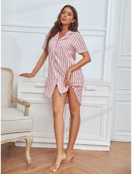 Shein Striped Button Front Lapel Collar Nightdress