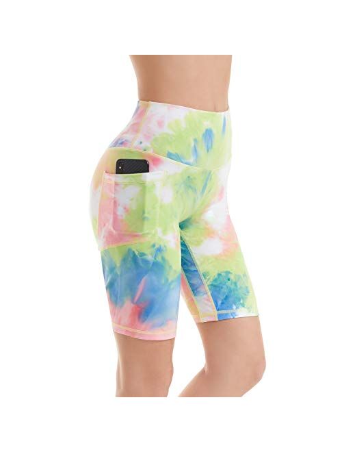 iniber Women's 7" high Waist Biker Shorts with Pockets Tummy Control Yoga Shorts Workout Running Compression Shorts tie dye