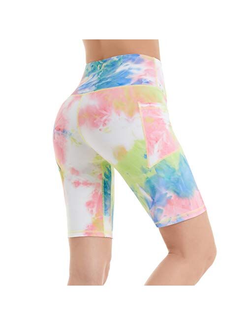 iniber Women's 7" high Waist Biker Shorts with Pockets Tummy Control Yoga Shorts Workout Running Compression Shorts tie dye