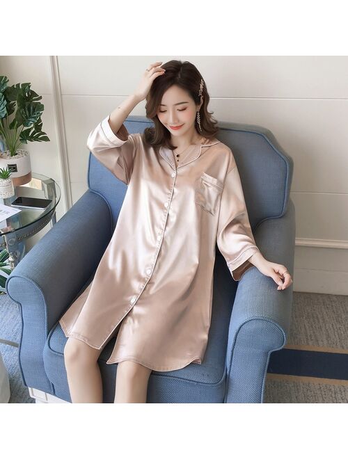 Cardigan Shirt Nightdress for Female Seven-point Sleeve Satin Nightgowns Chemise Femme Plus Size 5xl Night Shirt Home Sleepwear