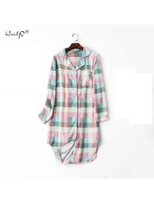 Plus size 100% Cotton Women's Flannel Boyfriend Nightshirt Nightgown Nightdress Pink Plaid Cat Sleepwear Sleepshirt Nightgowns