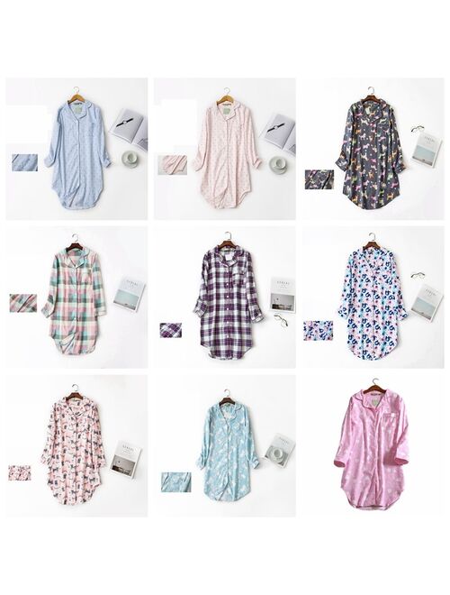 Plus size 100% Cotton Women's Flannel Boyfriend Nightshirt Nightgown Nightdress Pink Plaid Cat Sleepwear Sleepshirt Nightgowns