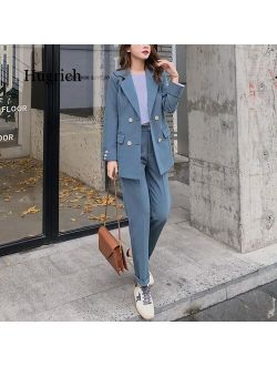 Fashion Women Blazer Suits Long Sleeve Double- Breasted Blazer Pants Suit Office Ladies Two-Piece Blazer Sets 2021
